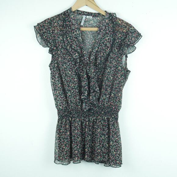 Y2K Style Babydoll Top Medium Sheer Ruffle Dainty Floral Twee Peplum Feminine - Picture 1 of 8